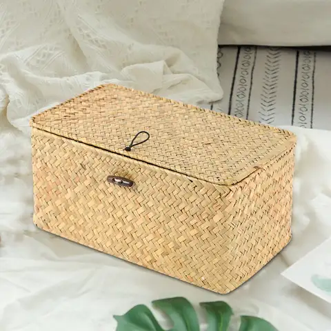 J1UL1N Handmade Straw Woven Storage Basket With Lid Makeup Organizer Storage Box Seagrass Laundry Baskets Rattan Jewelry Box