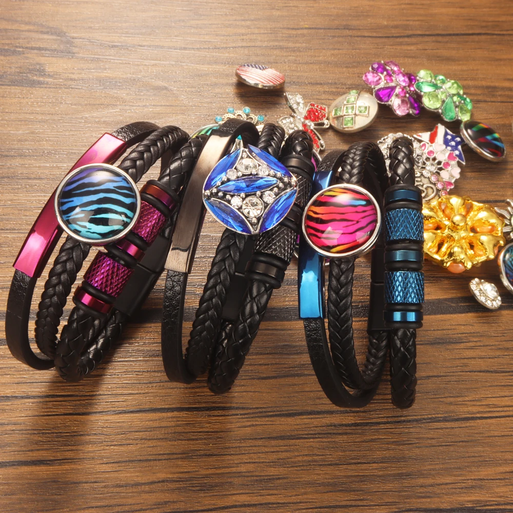 Fashion Geometry Punk Rock 026 Pu Leather Fit 12mm 18mm Snap Button Bangle Bracelet Charm Jewelry For Women Men