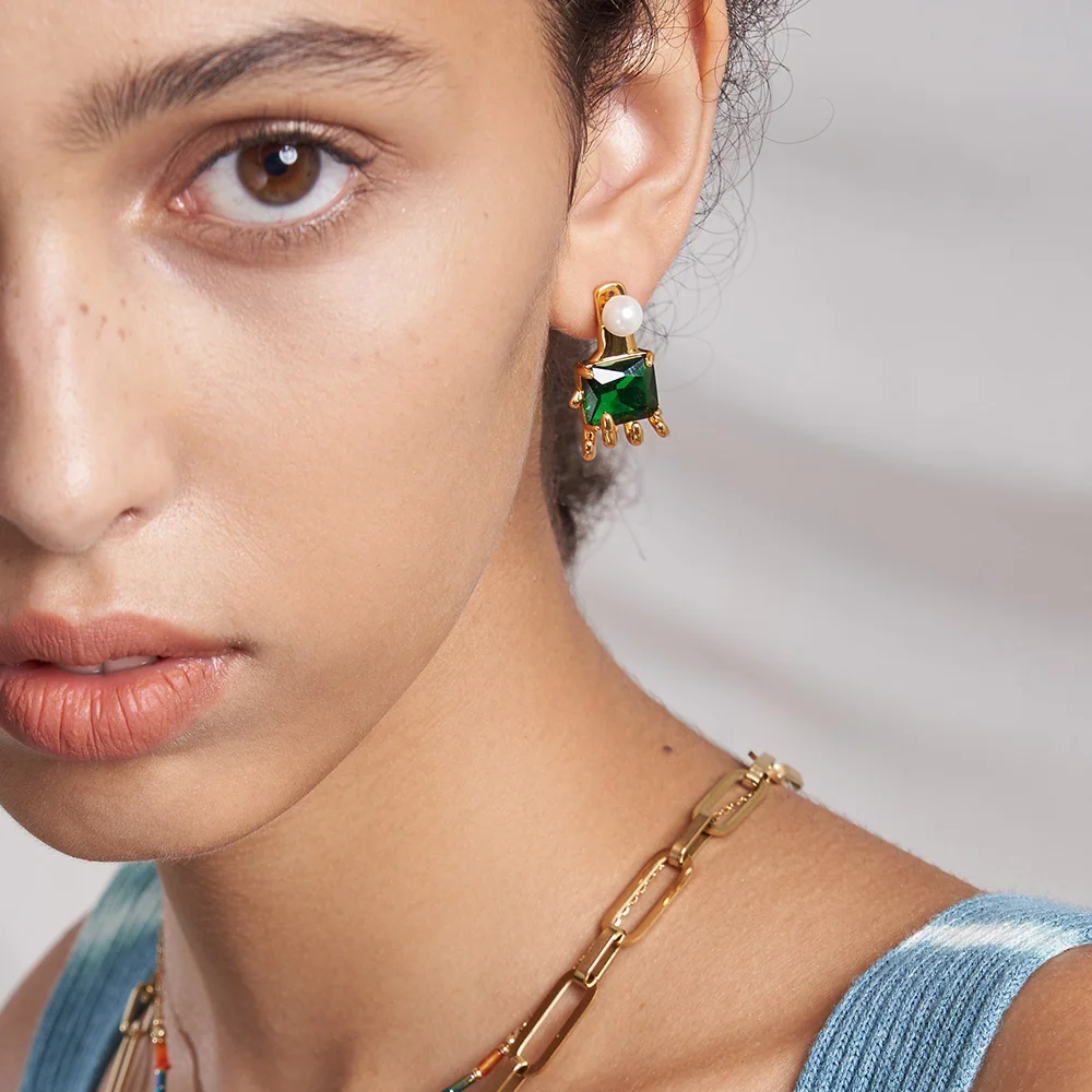 ENFASHION Green Stone Stud Earrings For Women Gold Color Hand Piercing Earings 2021 Gift Pearl Pendientes Fashion Jewelry E1270