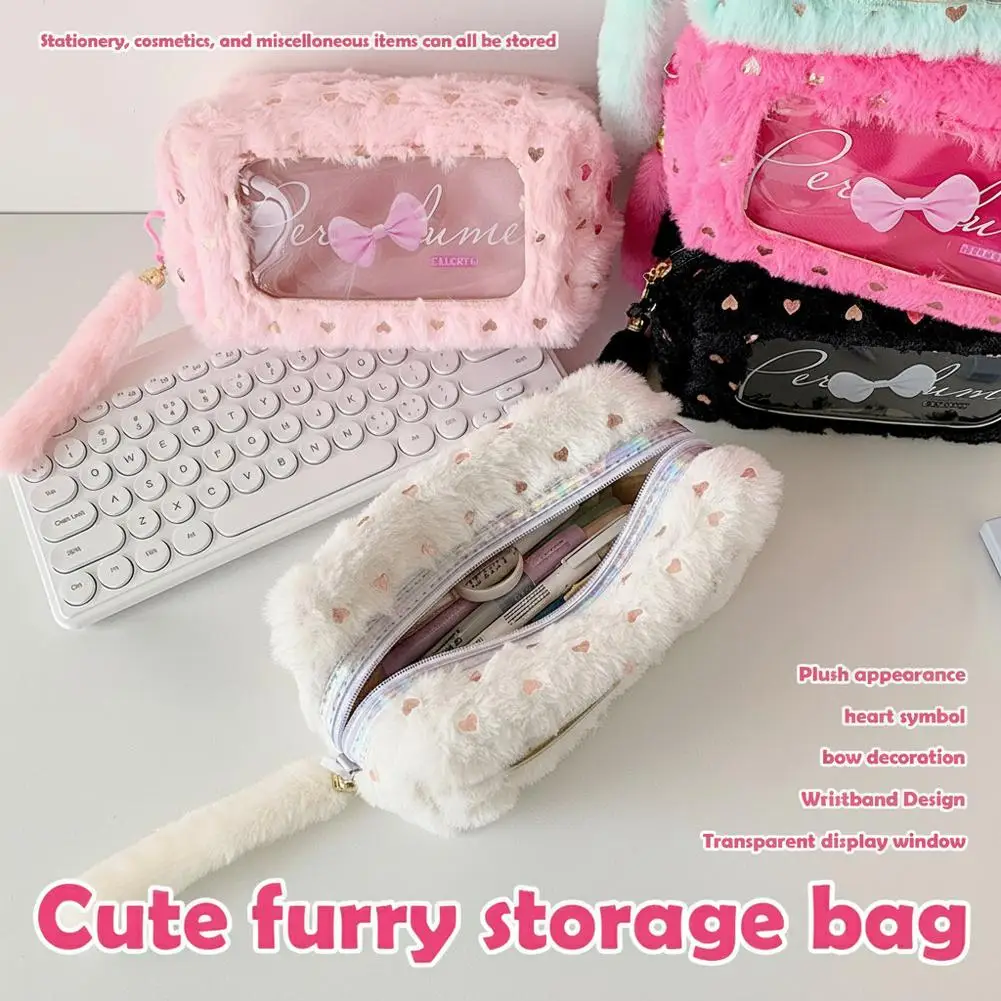 Large Capacity Multifunction Pencil Bag Stationary Storage Bag Fashion Plush Makeup Bag Cute Girls Bow Handbag Travel Storage