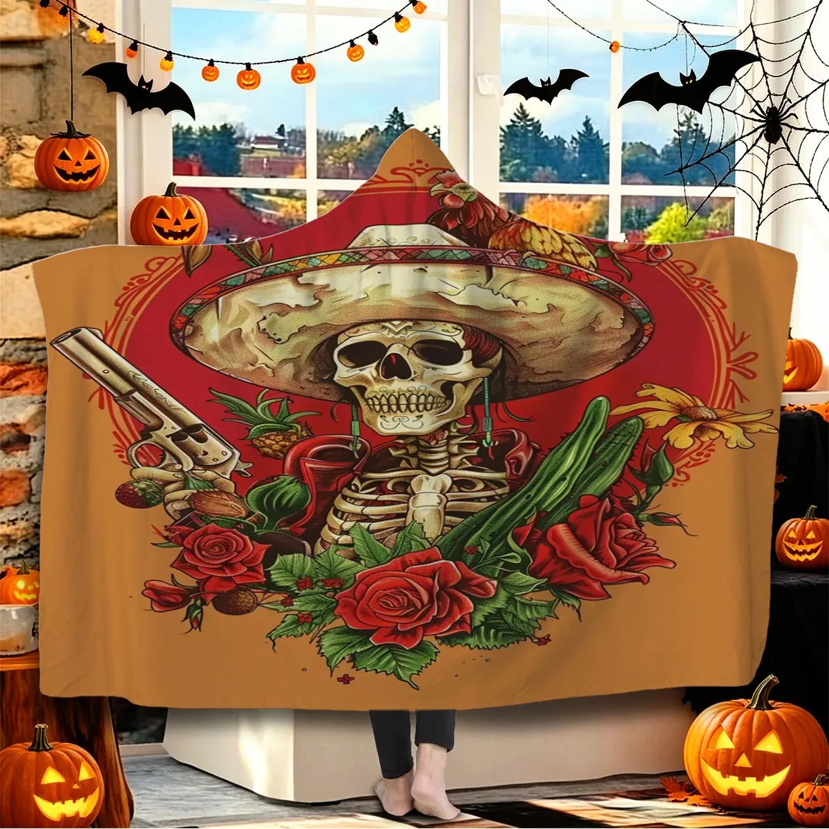 Mexican Wide Brim Hat Skull Rose Cactus Handgun Retro Western Halloween Theme Flannel Hooded Blanket Wearable Blanket