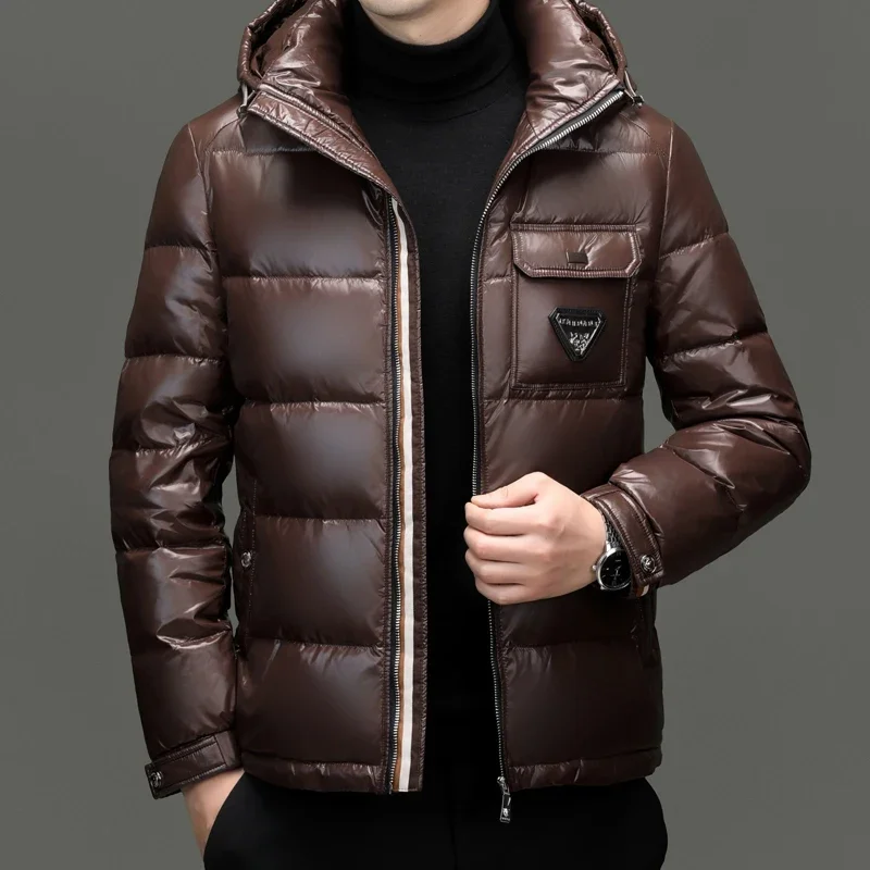 Jaqueta curta brilhante masculina, acolchoado de pato, roupas de grife, saco casual masculino, casaco frio masculino para inverno