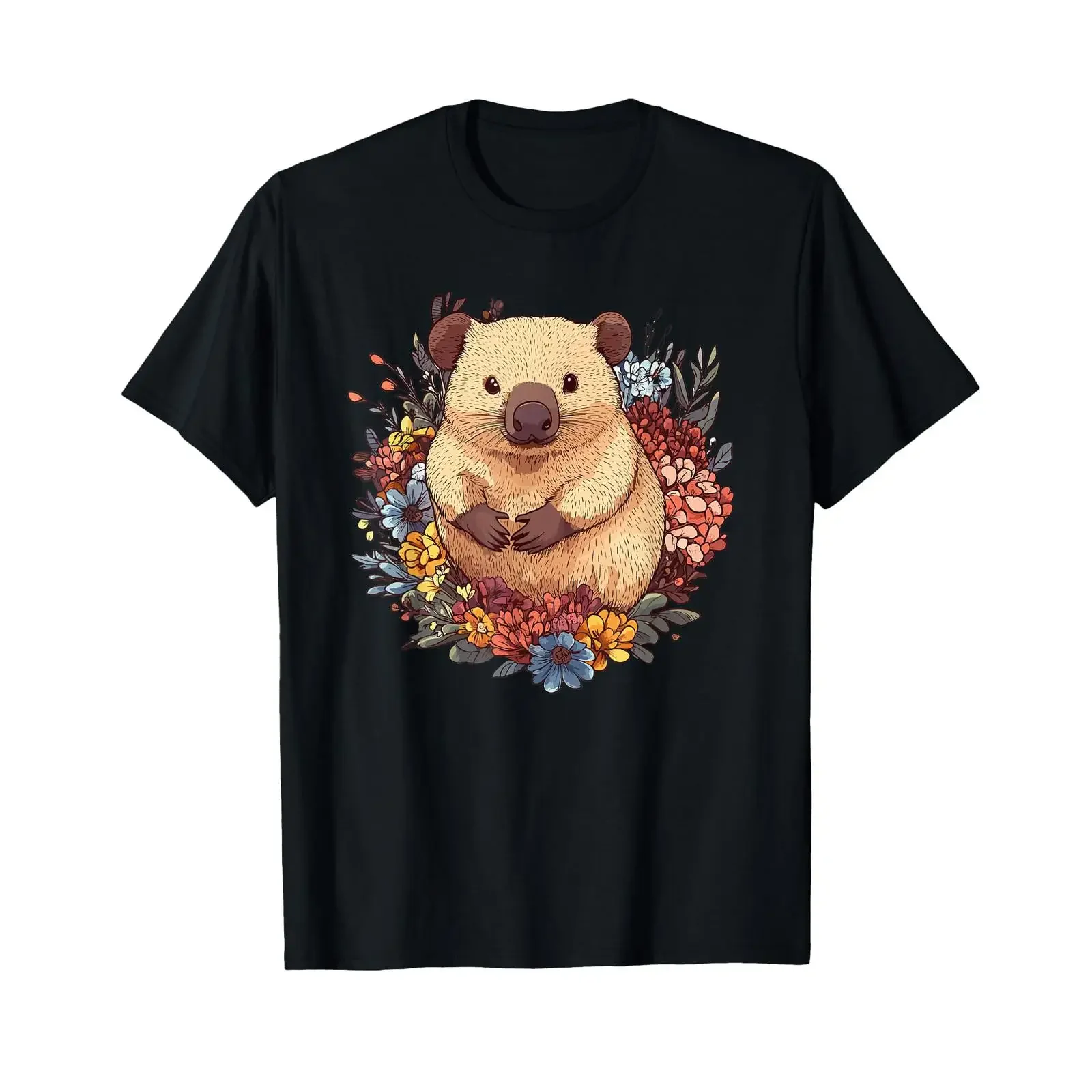Wombat surrounded by colorful flowers T shirt vintage Washed Casual graphic designer clothes Versatile Comfortable Stretched