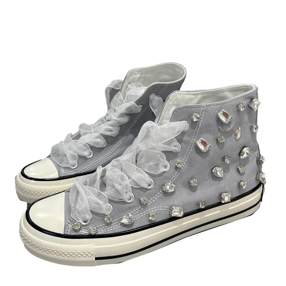 Women Sneakers Hand Sewed Crystals High Top Gray Customize Other Color Personalized Lace-up Round Toe 2CM Flats Canvas Shoes