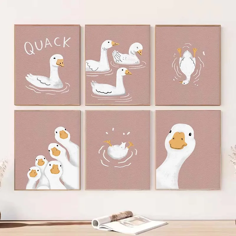 Cartoon Animals Powder Pink Goose Poster Print Wall Art Pictures Canvas Painting Living Room Bedroom Home Decor Gift Frameless