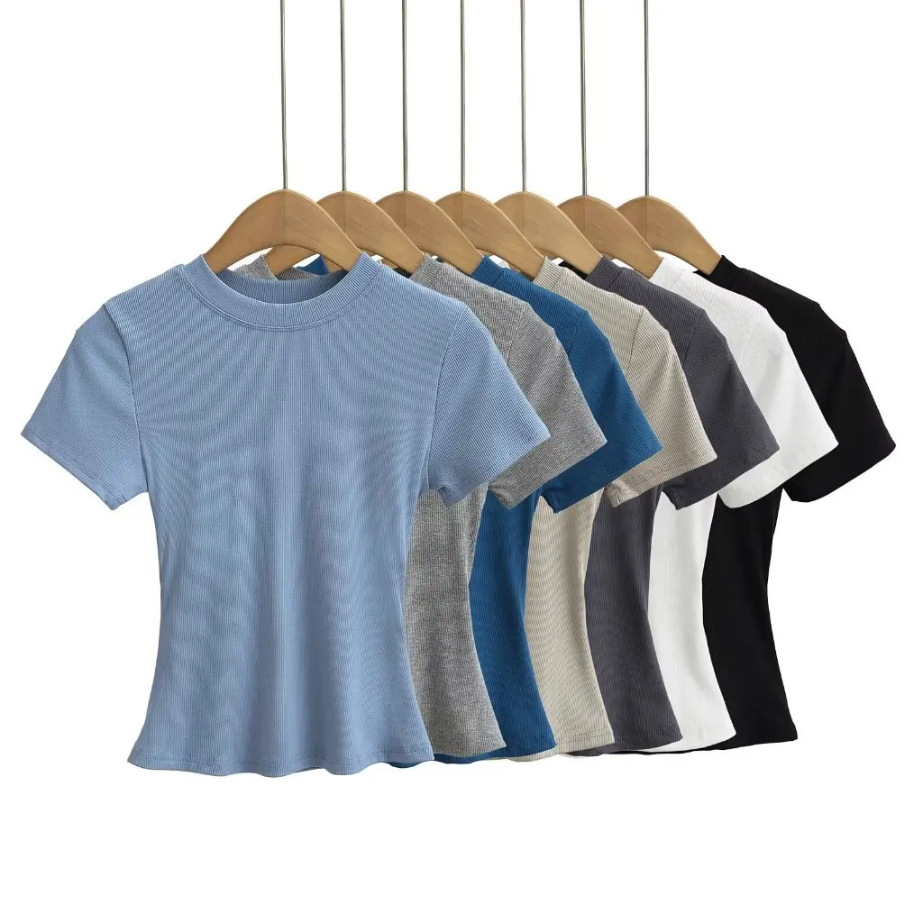 

Women's Slim-Fitting round Neck T-Shirt Summer Sexy Elastic Tight Top Short-Sleeved Pure Color Trendy Bottoming Shirt