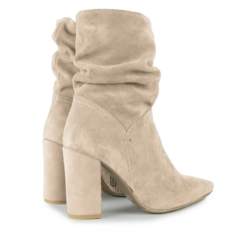 Faux Suede Fold Women's Boots Mid Calf Boots Shoes High Heels Pointed Toe Side Zip Women's Boots