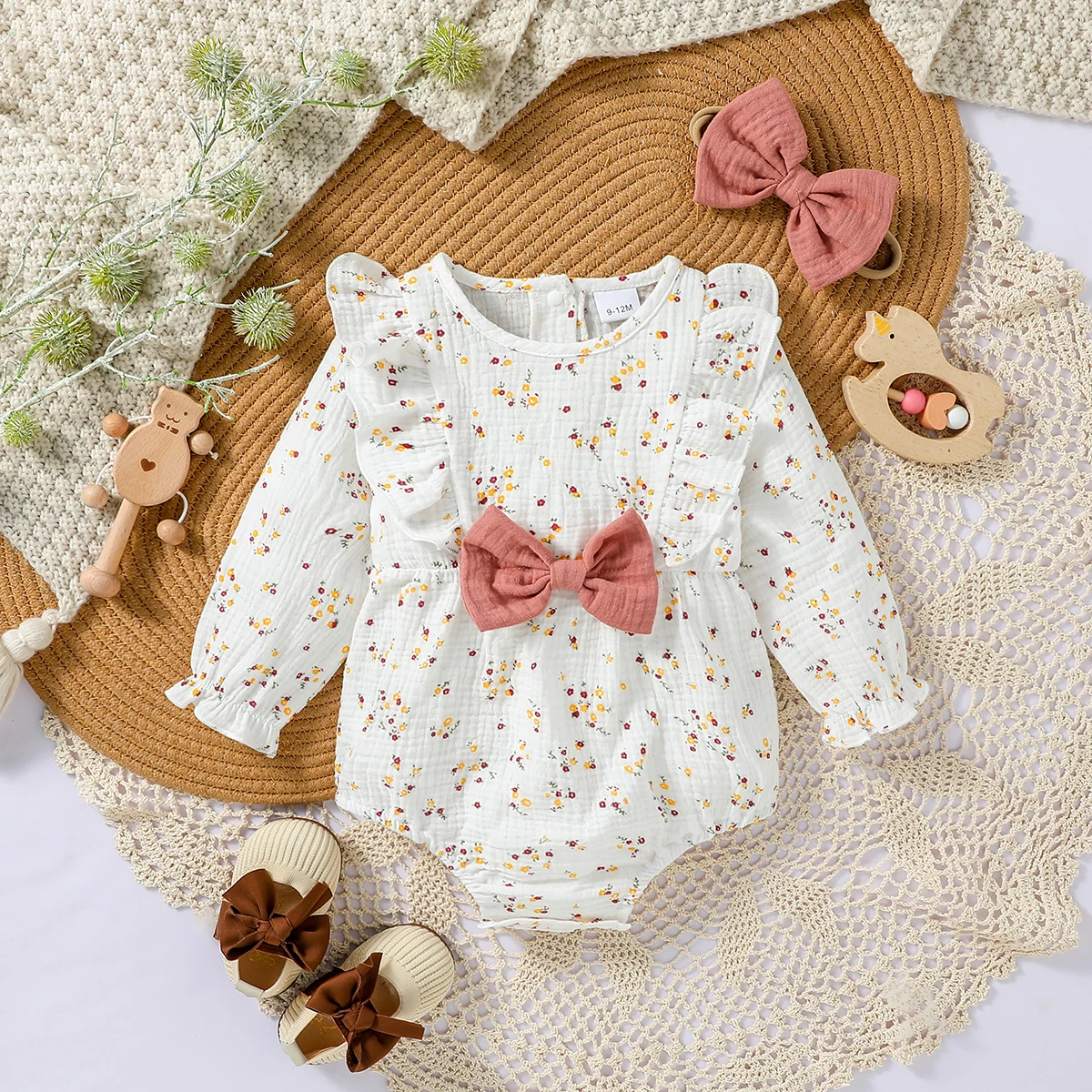 Baby Gilrs All Seasons Long Sleeve  All Print Floral Cute Casual Jumpsuit With Bow Newborn-18M Daily Wear+Headband