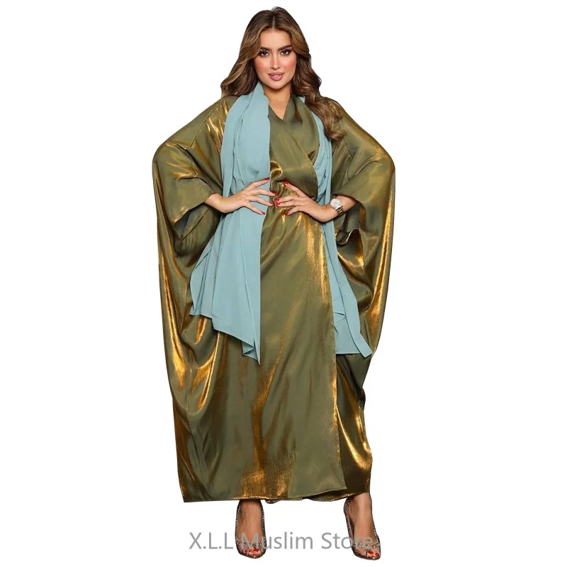 Modest Muslim Bright Silky Satin Batwing Sleeve Open Abayas Stylish Oversized Arab Dubai Moroccan Kaftan Corban Eid Robe