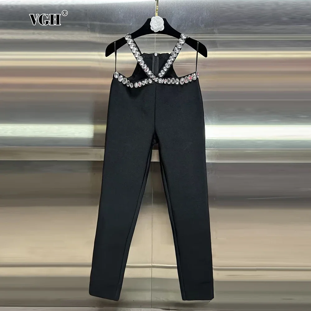 VGH Patchwork Diamonds Crisscross Pencil Pants for Women High Waist Sexy Temperament Solid Long Trousers Female Spring Fashion