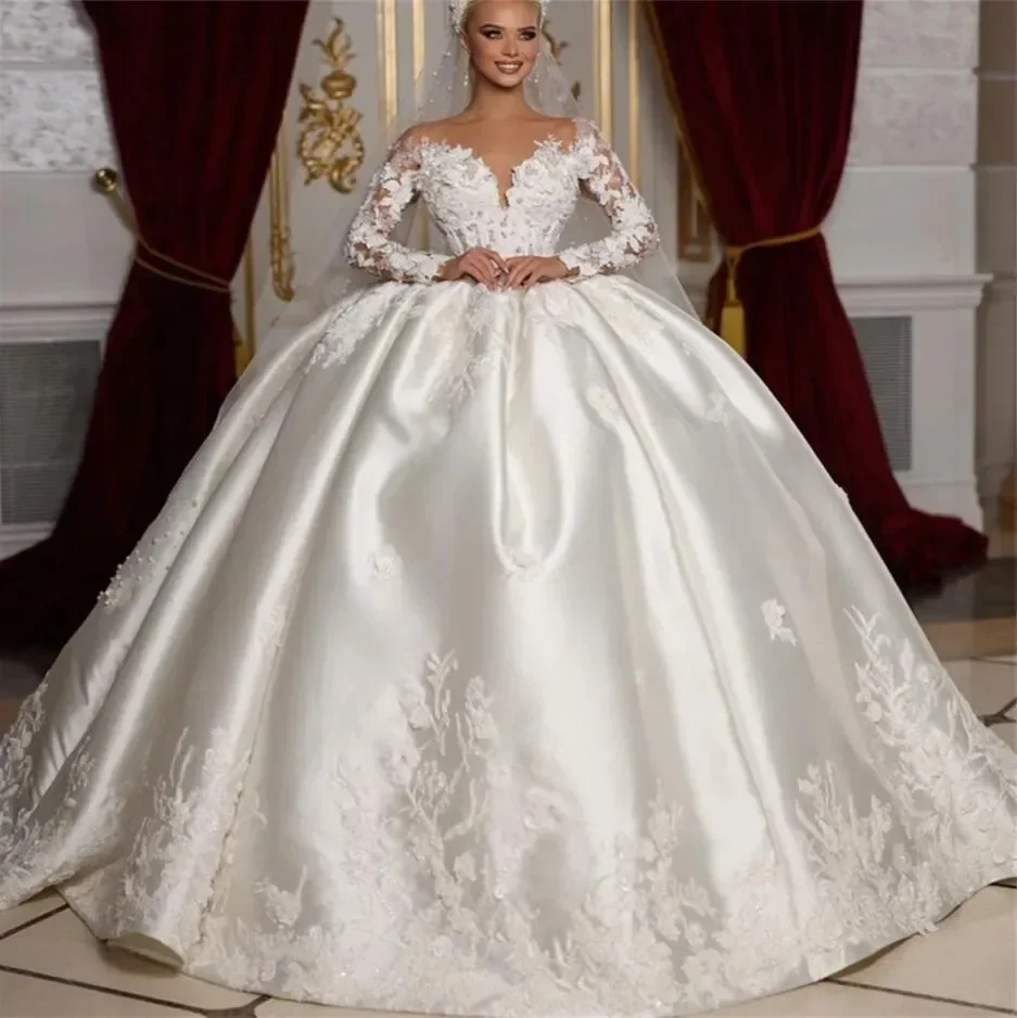 Abiti da sposa personalizzati con scollo trasparente e perle, abiti da ballo, strascico, chiesa, Dubai, arabi, maniche lunghe, abito da sposa