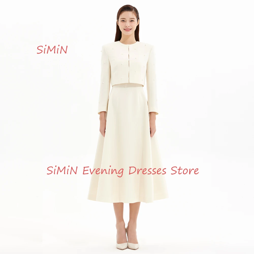 

Simin Satin O-neck Saudi Long Sleeves Beaded Button A-Line Prom Simple Tea-Length Arab Evening Party dresses for women 2024