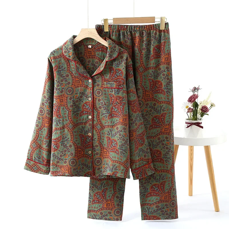 Nethnicstyleprint pyjamas für Frauen 2 Stück Outfit Lounge wear Nacht kleidung Frühling Herbst Langarm Nachtwäsche Damen Baumwolle