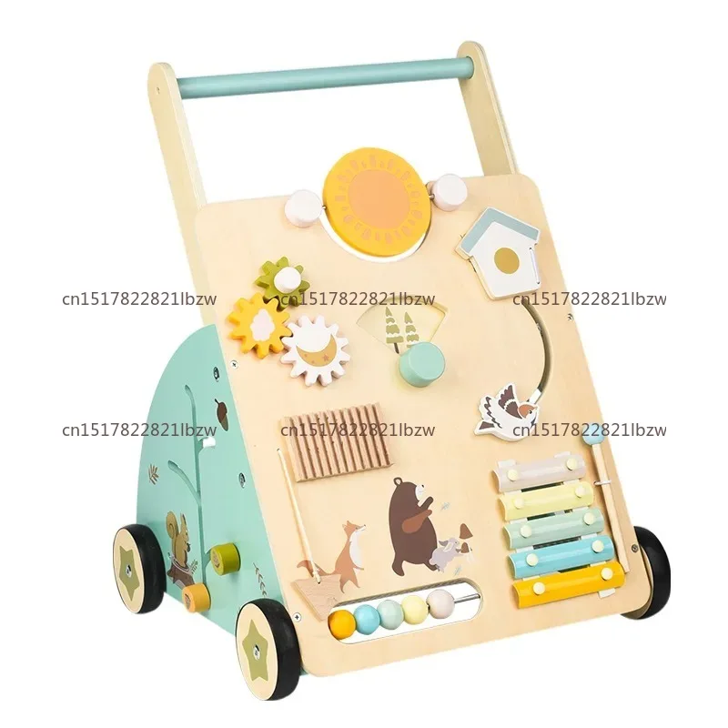 Wooden anti-rollover walker height adjustment trolley puzzle early education walking aid