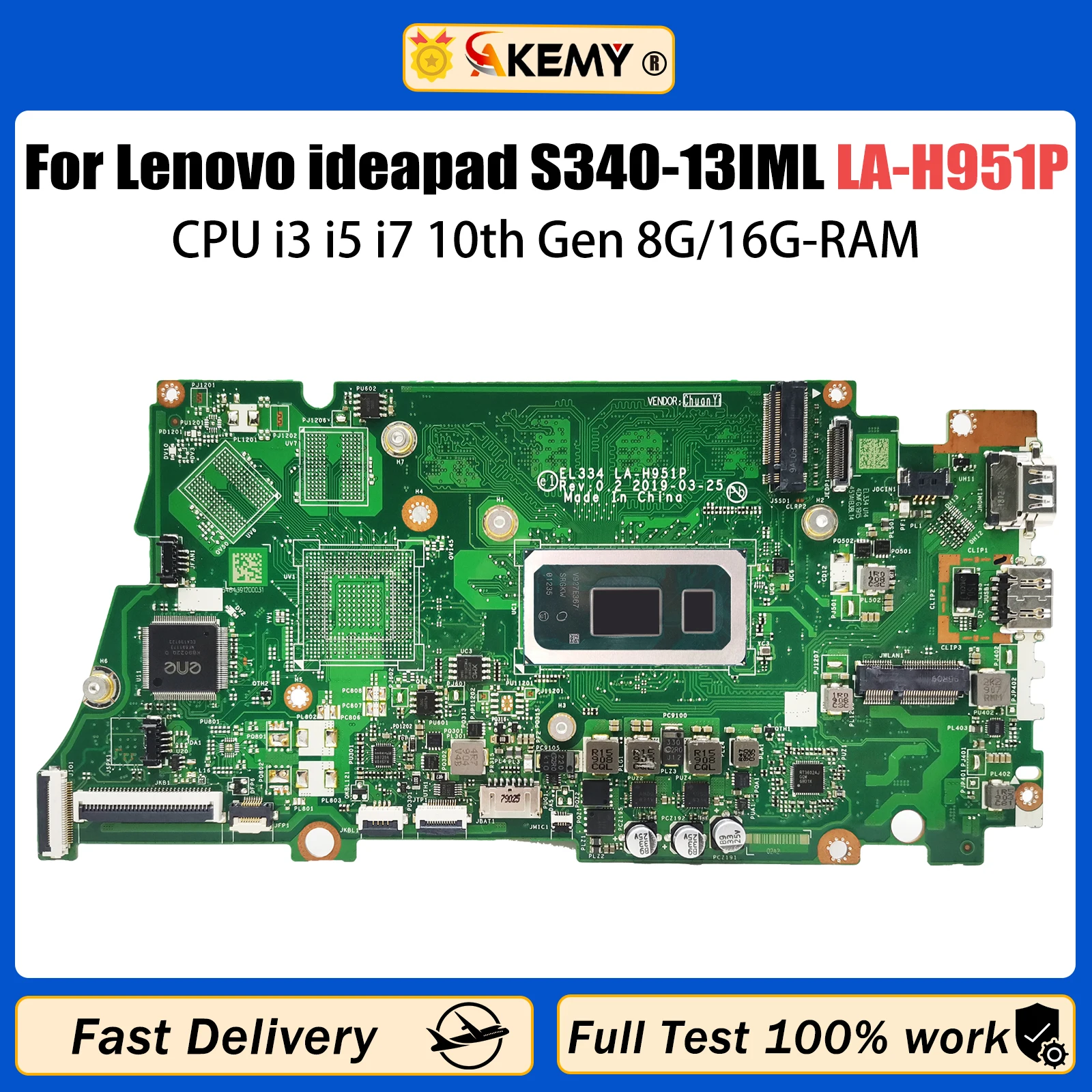 

AKEMY LA-H951P For Lenovo Ideapad S340-13IML Laptop Motherboard 5B20W59233 With CPU i3 i5 i7 10th Ge