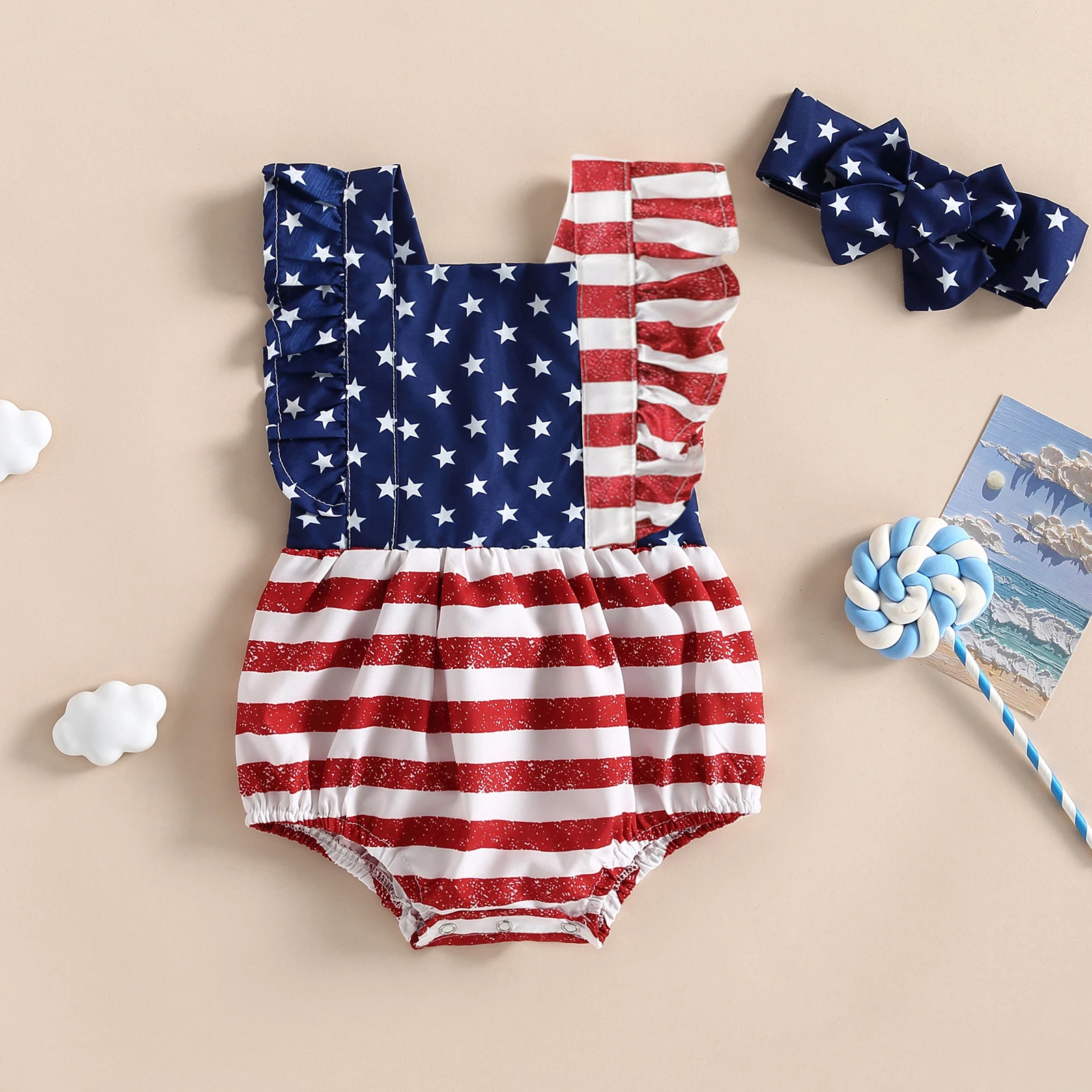 

Baby Girl 4th of July Bodysuits Outfits Sleeveless Backless Ruffle Flag Romper with Headband Set Independence Day Costume