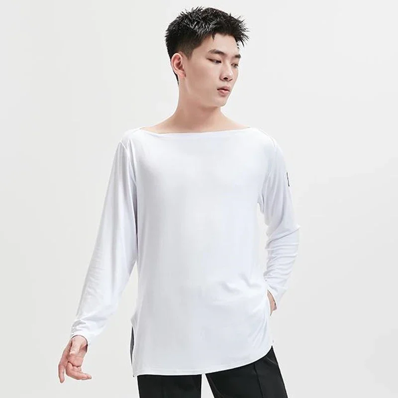 Long Sleeves White Black T Shirt Cha Cha Rumba Dance Training Practice Clothes Adult Male Salsa Top Men Latin Dance Tops