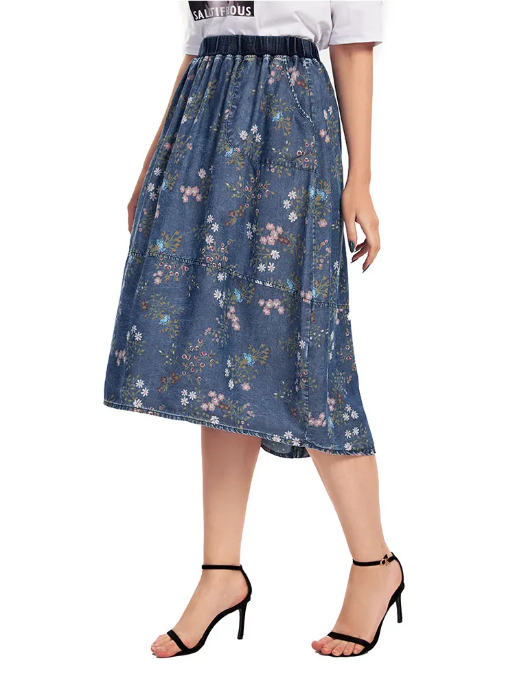 Saia jeans casual feminina plus size cintura alta linha na altura do joelho azul vintage saias largas para mulheres plus size