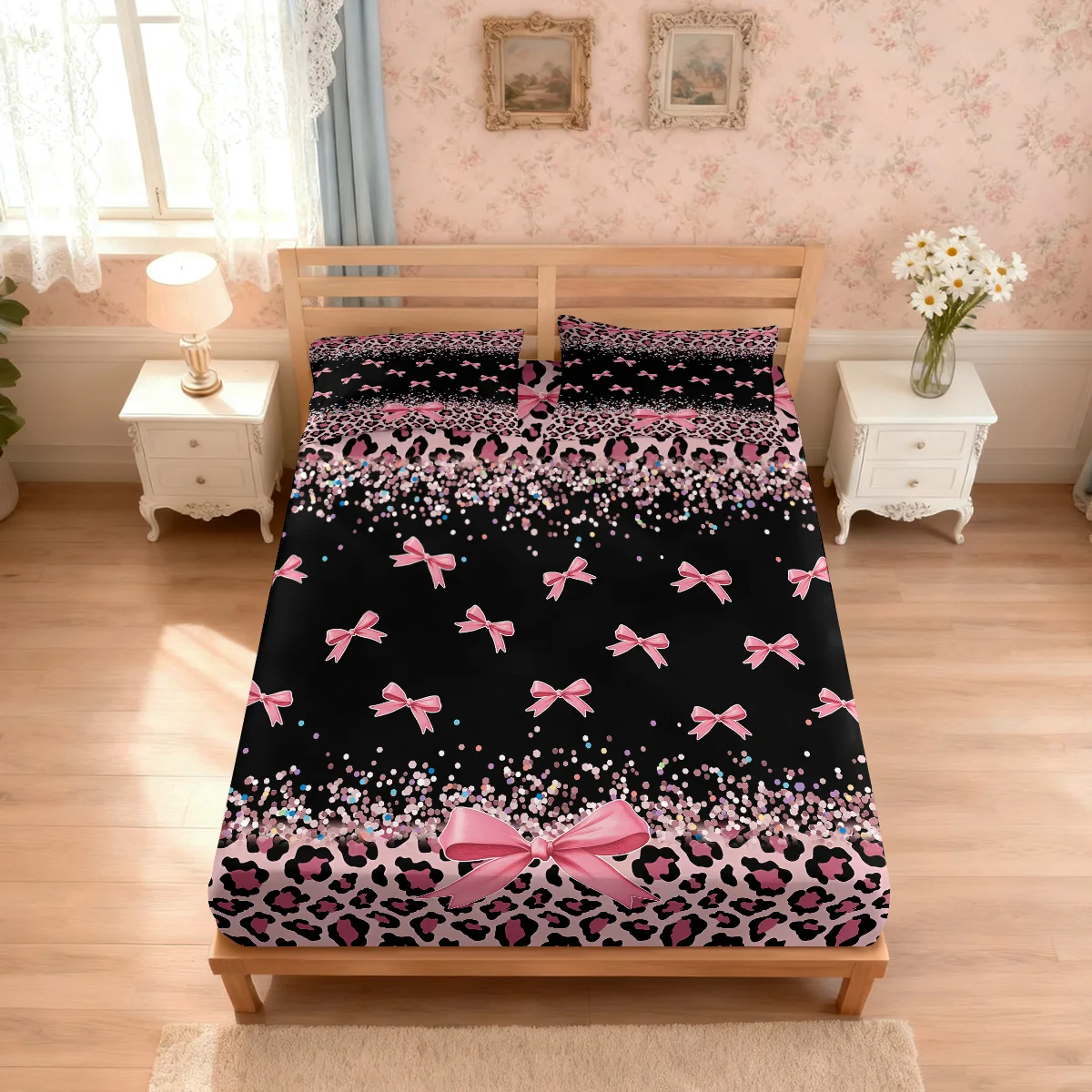 3pcs Leopard Print Bow Print Coreless Bed Sheet Set, Multi Size Comfortable Bed Cover, Bedroom Bedding Decoration
