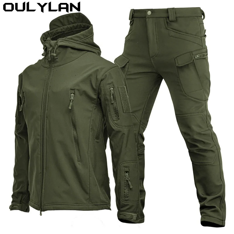 Oulylan Outdoor Tactical Fleece Jacket Set Men Camping Climbing Hiking Waterproof Tracksuits Thermal Coat Clothing Suit