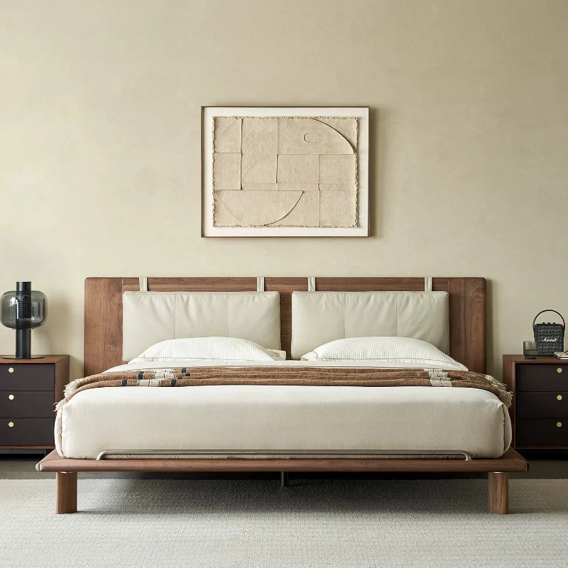 North American walnut solid wood bed master bedroom Italian minimalist leather large soft bag double bed
