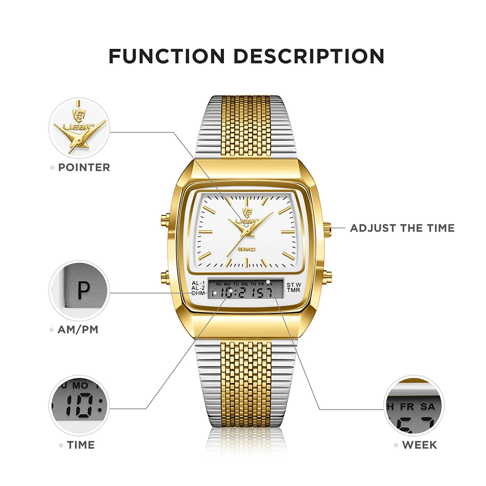 LIEBIG Luxury Digital Quartz Watches For Men Fashion Casual Dual Display Time Sports Week 30Bar Waterproof Wristwatches Relojes