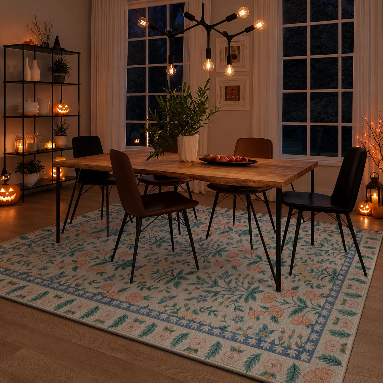 Large Indoor Area Rug, Soft Velvet Low Pile Rug with Non-Slip Dotted Backing, Machine Washable Vintage Floral Floor Rug in Peach & Blue for Living Room, Bedroom Home Decor
