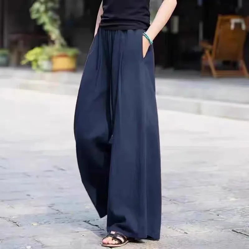 Cotton Wide Leg Pants Women's Loose Fit Slimming Casual Trousers Pure Color Long Summer Thin Wide Leg Pants Commute Sle