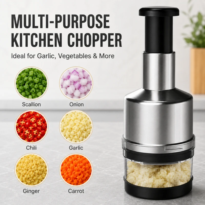 

Stainless Steel Garlic Press, Pull Cord Chopper Cutter, Manual Vegetable Mincer Masher, Kitchen Grinding Device