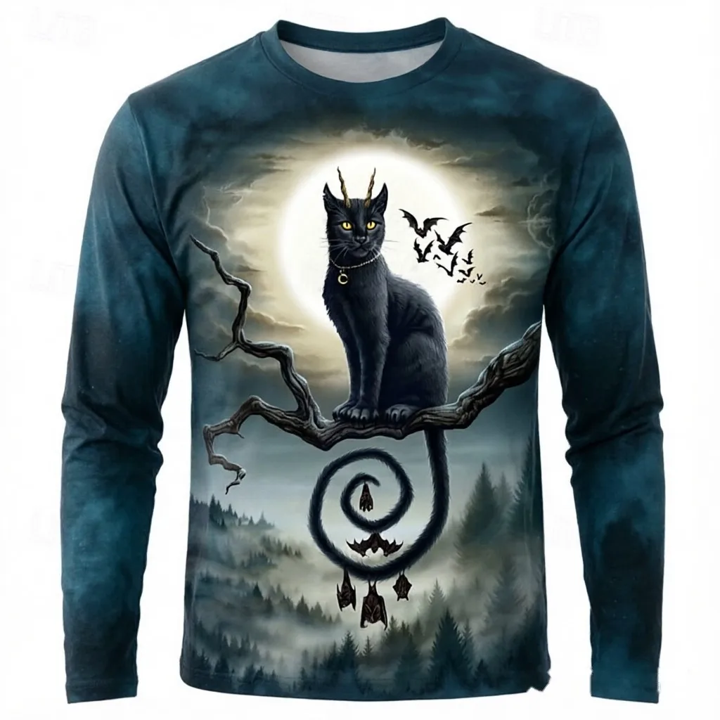 Men Long Sleeve T-Shirt Demon Black Cat Bat Moon Print Crew Neck Halloween Gothic Casual Tops