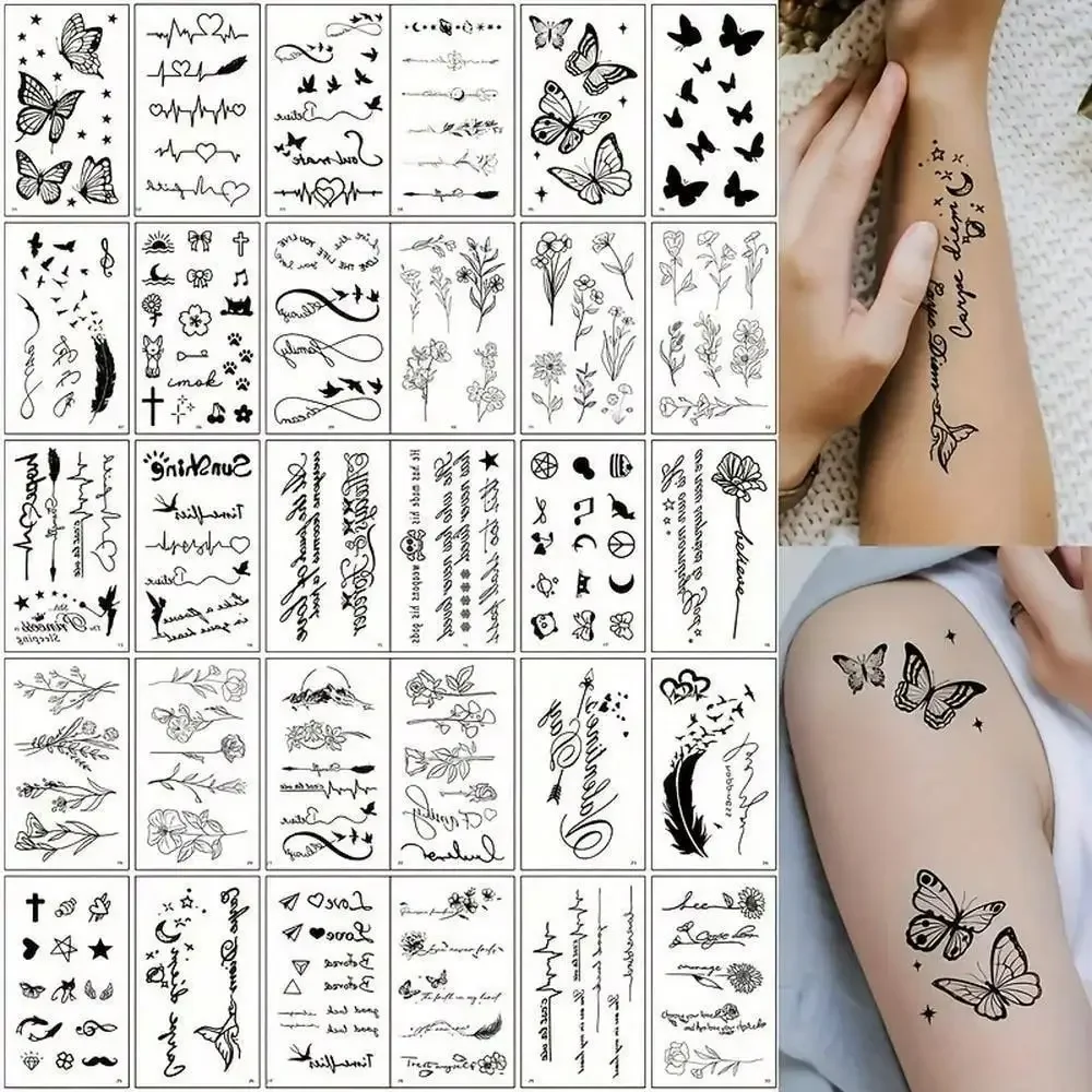 

30 Sheets Black Temporary Tattoos Stickers - Waterproof Fake Tattoo Decals With Love Heart ECG, Butterfly, Florals, Feathers, Stars, And Quotes Designs - Perfect For Fingers, Wrist, And Collarbone - Party Makeup Art Accessories For Women