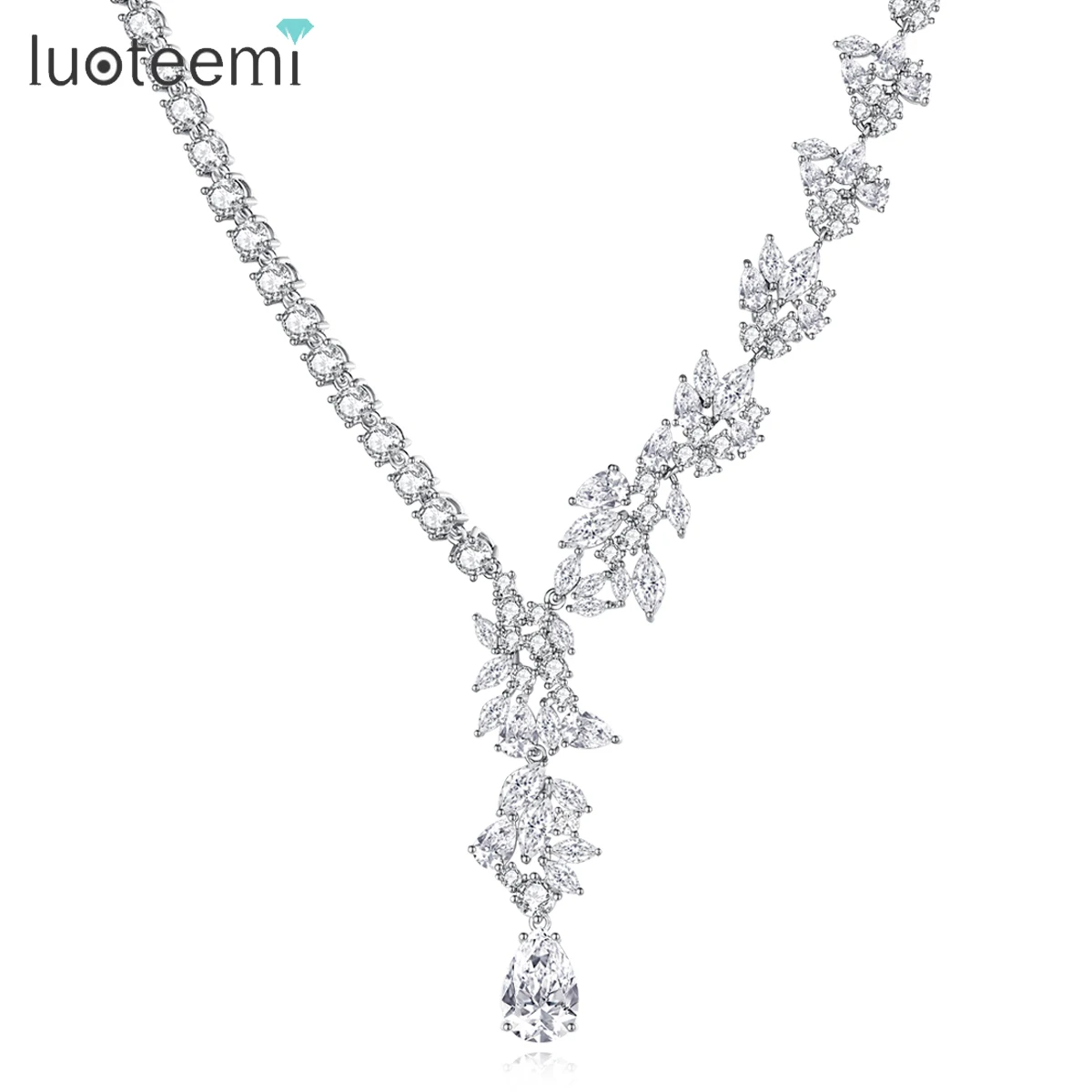 

LUOTEEMI Luxurious Women Pendant Necklaces Asymmetry Lab Clear Cubic Zircon Chains for Bridal Wedding Party Vintage Accessories