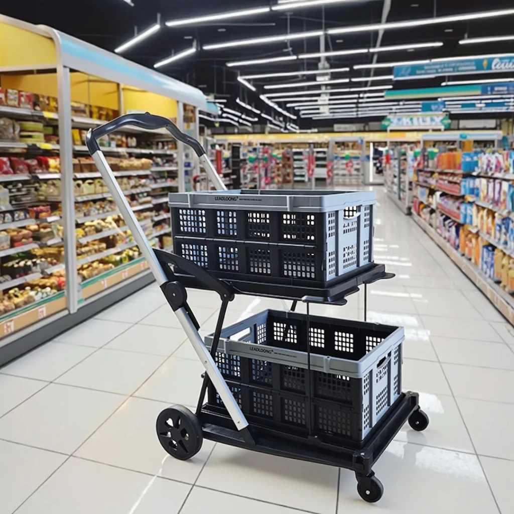 LEADLOONG Two-Tier Collapsible Folding Shopping Trolley Cart Multi-Use Functional For Kitchen Bathroom Garage