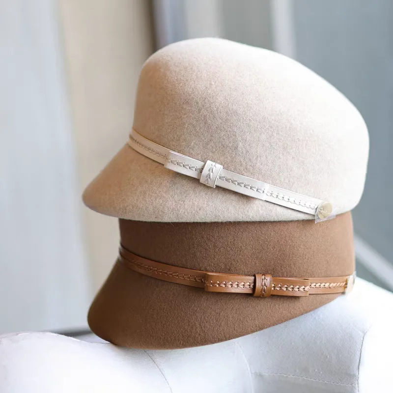 

Женская фетровая кепка-новинка из 100% шерсти с отделкой из искусственной кожи, осенне-зимняя, высшего качества, ручной работы, с козырьком, в стиле «новинка»