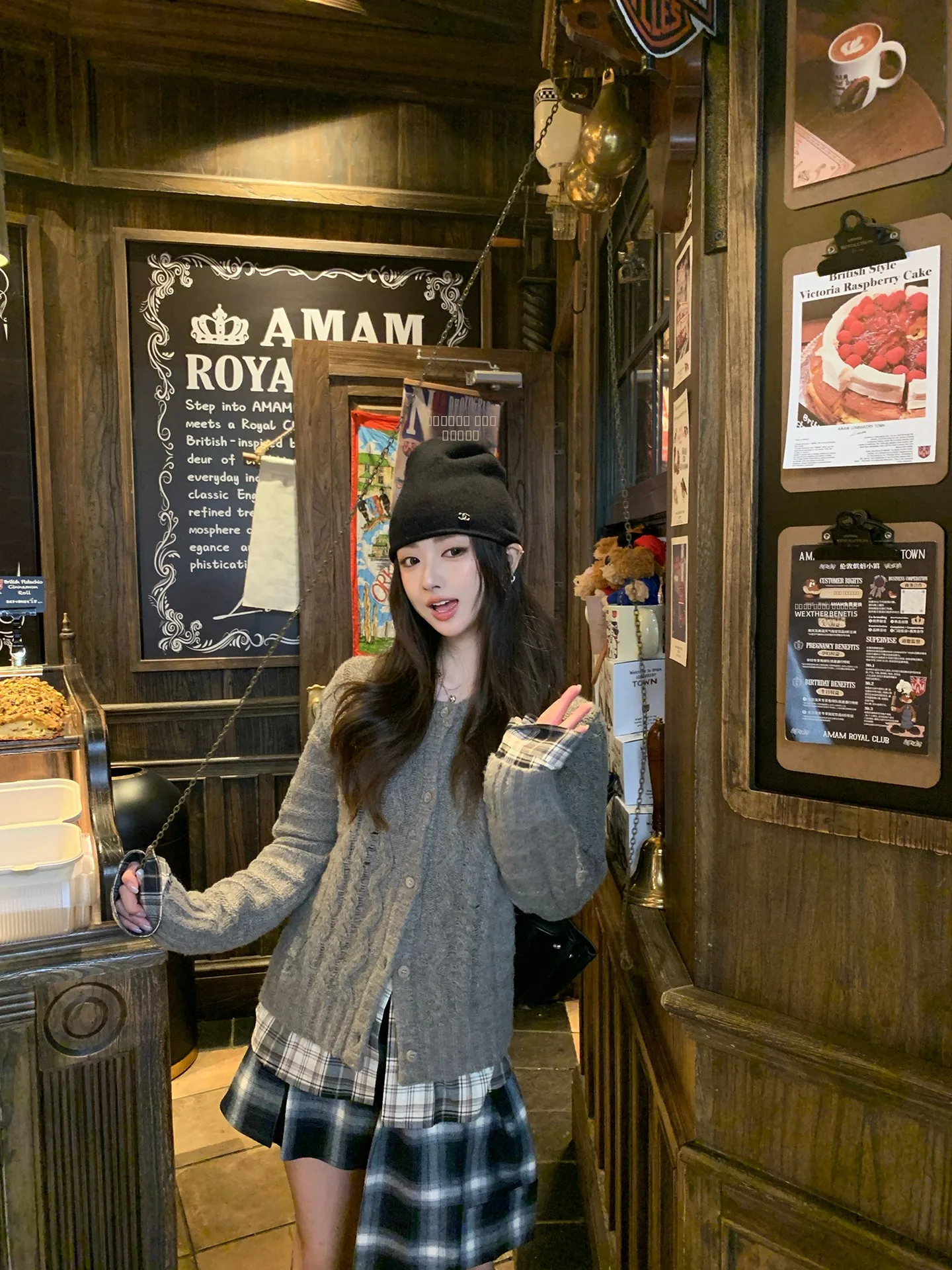 

Edinburgh Deep Autumn Chen Jin шерстяной вязаный кардиган в клетку с закрученным цветком, длинное пальто Sve round Ne