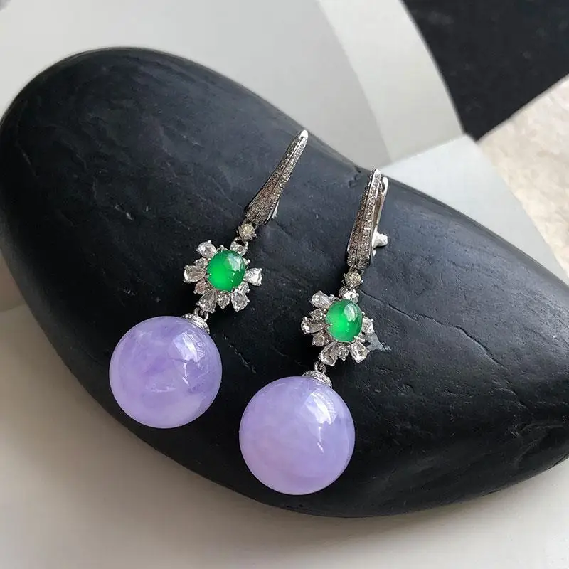 Natural Violet Chalcedony Bead Earrings for Women Silver Inlaid Diamond New in Vintage Charm Fashion Ear Buckle Wedding Jewelry