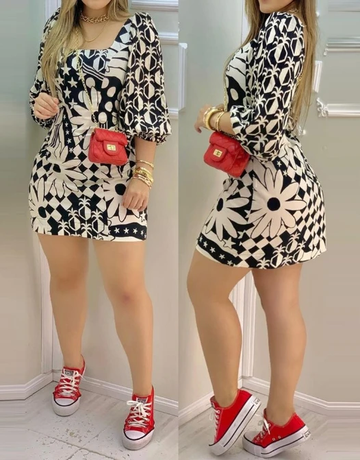 

Women's Sweet Dress 2024 Spring/summer Latest Fashion Square Neck Flower Print 3/4 Sleeve Mini Dress Bubble Sleeve Short Skirt