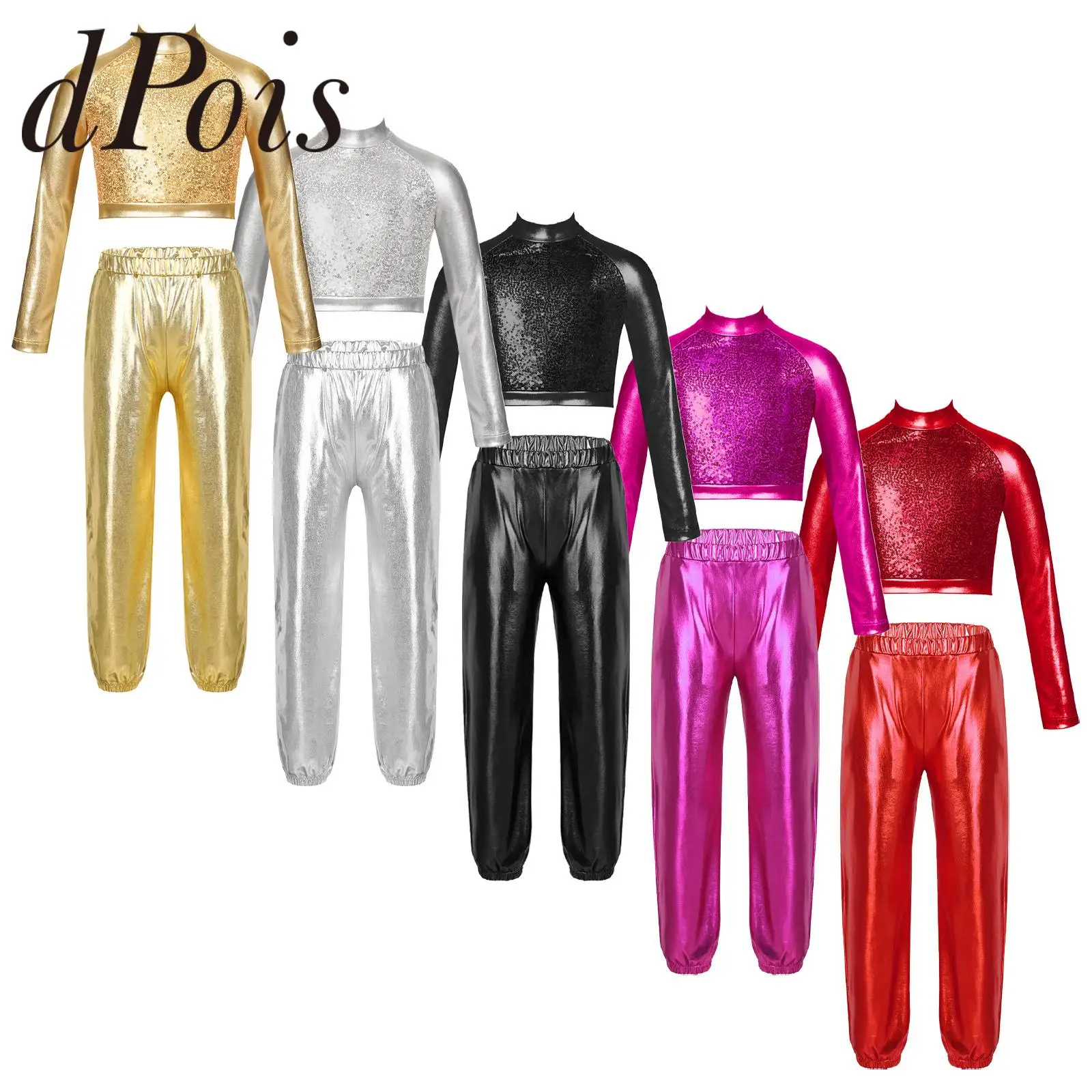 

Kids Girls Hip-hop Outfit Sequins Glossy Metallic Jazz Dance Costumes Dancewear Sets Crop Top Pants Childs Performance Suit