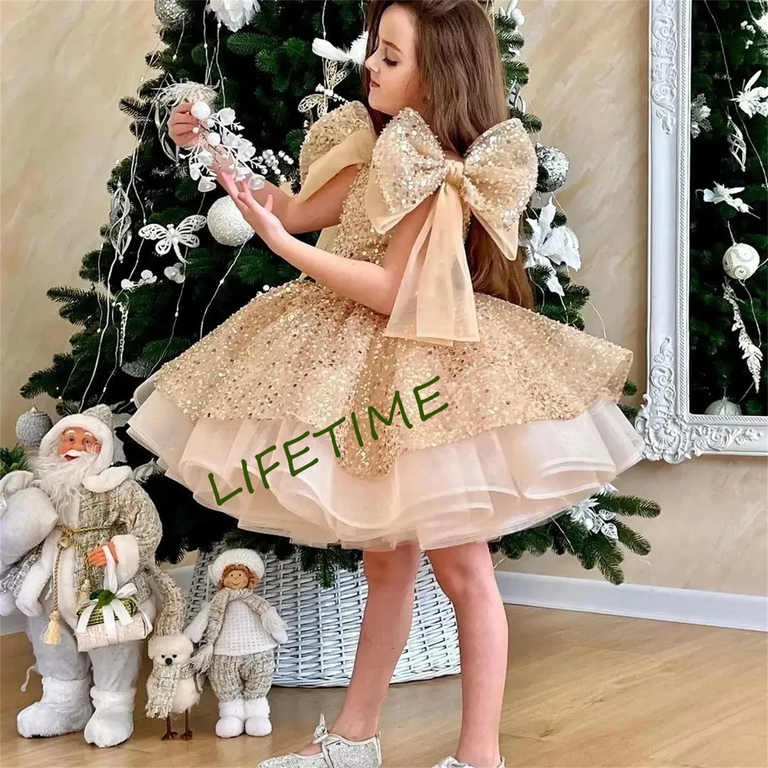 Cute Flower Girl Dress Glitter Embroidery Sequin Princess Full Sleeve Birthday Gown Christmas Dress Child 1-12T Girls Costumes