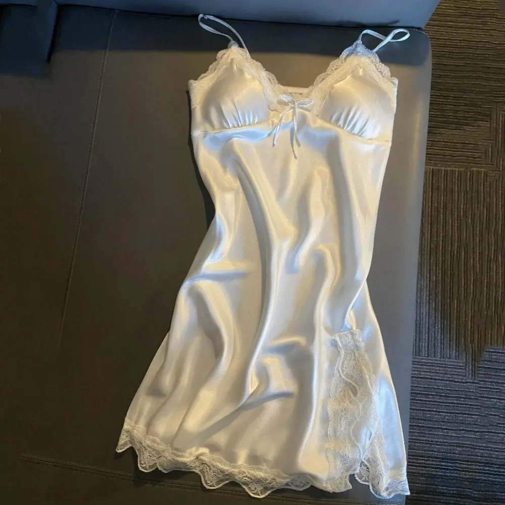 

Lace Bow Women's Pajama Dress Split Sleeveless Ice Silk Suspender Nightdress Sleepwear Thin Slim Sling Nightgown Home