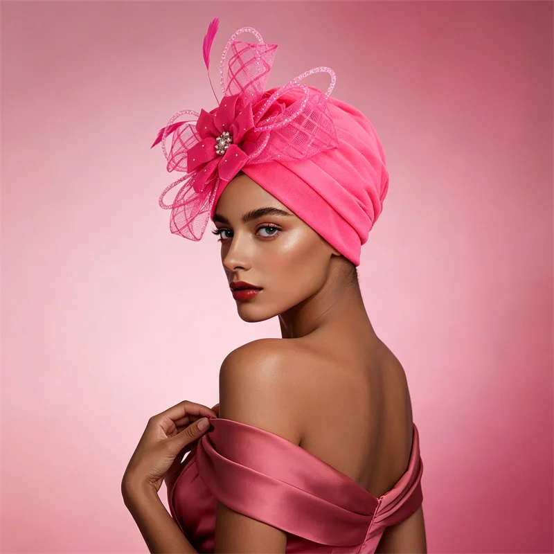 Feather Flower Turban Cap African Women Party Bonnet Indian Nigeria Headwear Beanies Wedding Hat Muslim Hijab Head Wrap Headgear