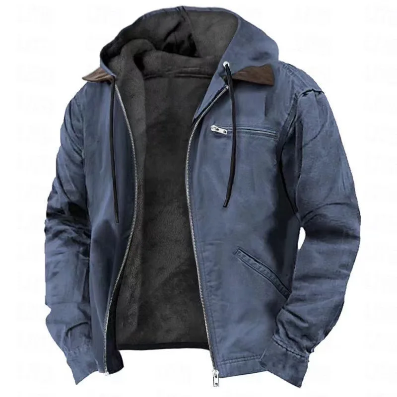 

Men's Full Zipper Solid Color Sports Outdoor Daily Retro Casual Autumn and Winter Hoodie Cotton Jacket