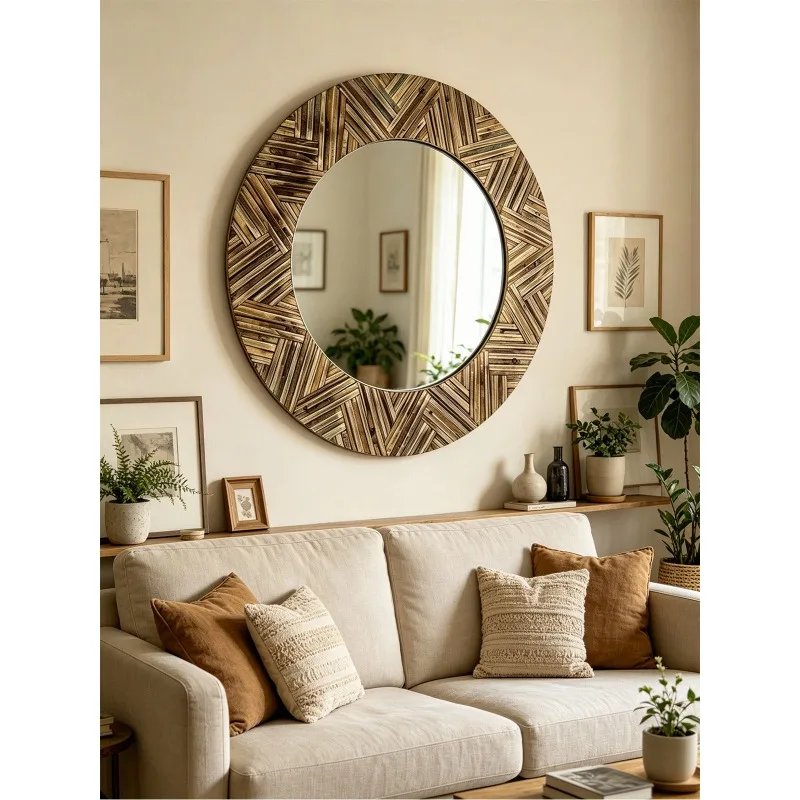 Round solid wood frame round mirror wabi-sabi wind living room entrance retro log wall hanging decorative mirror art wind