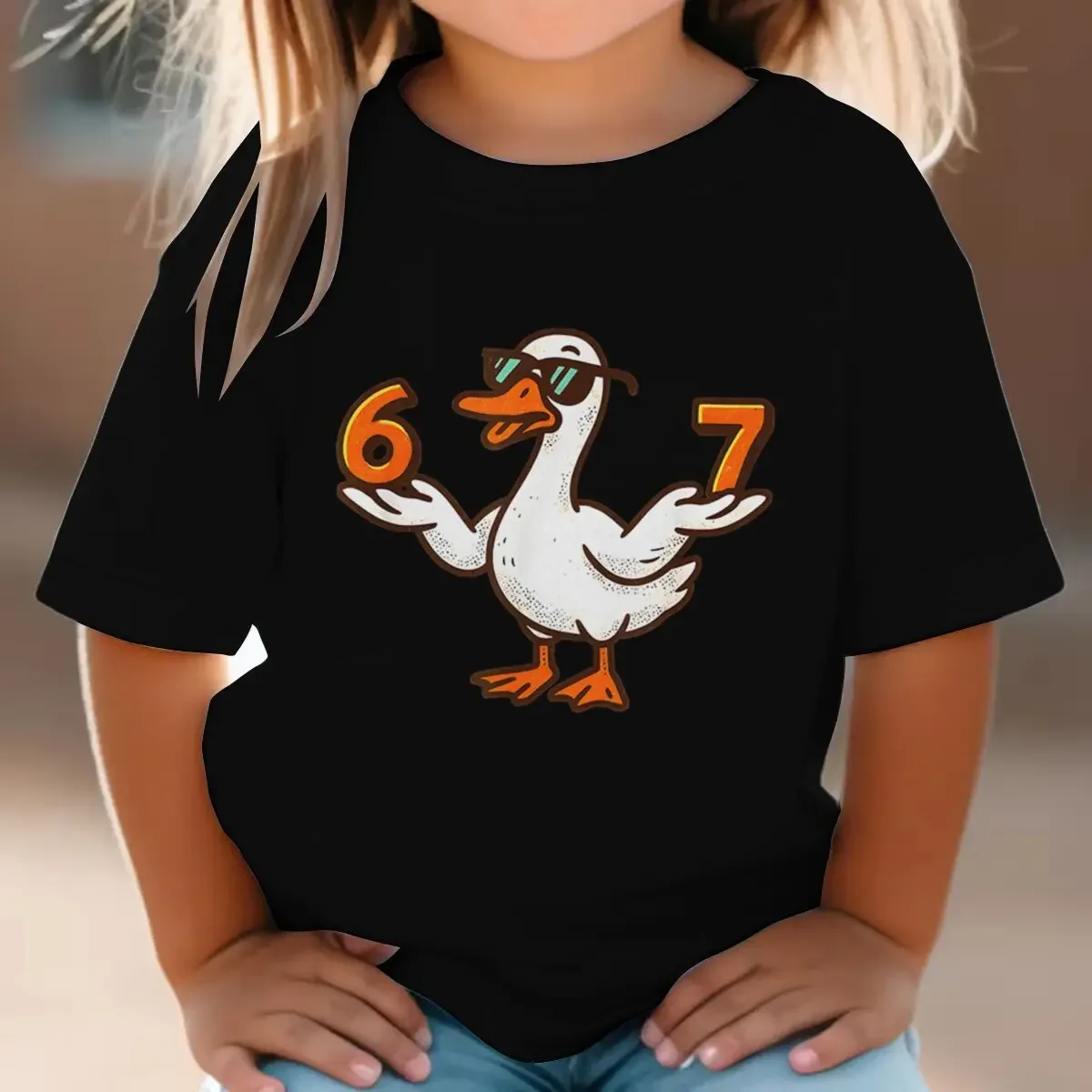 Kids Black Short Sleeve T Shirt Cool Sunglasses Duck Holding Number 67 Graphic Print Crew Neck Casual Summer Tee