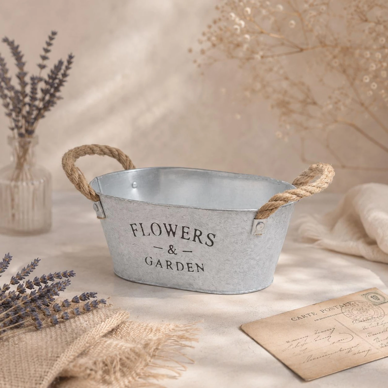 Oval Tabletop Planter Whitewashed Rustic Metal Planter Flower Pot Printed Lettering Garden Decor with Handles