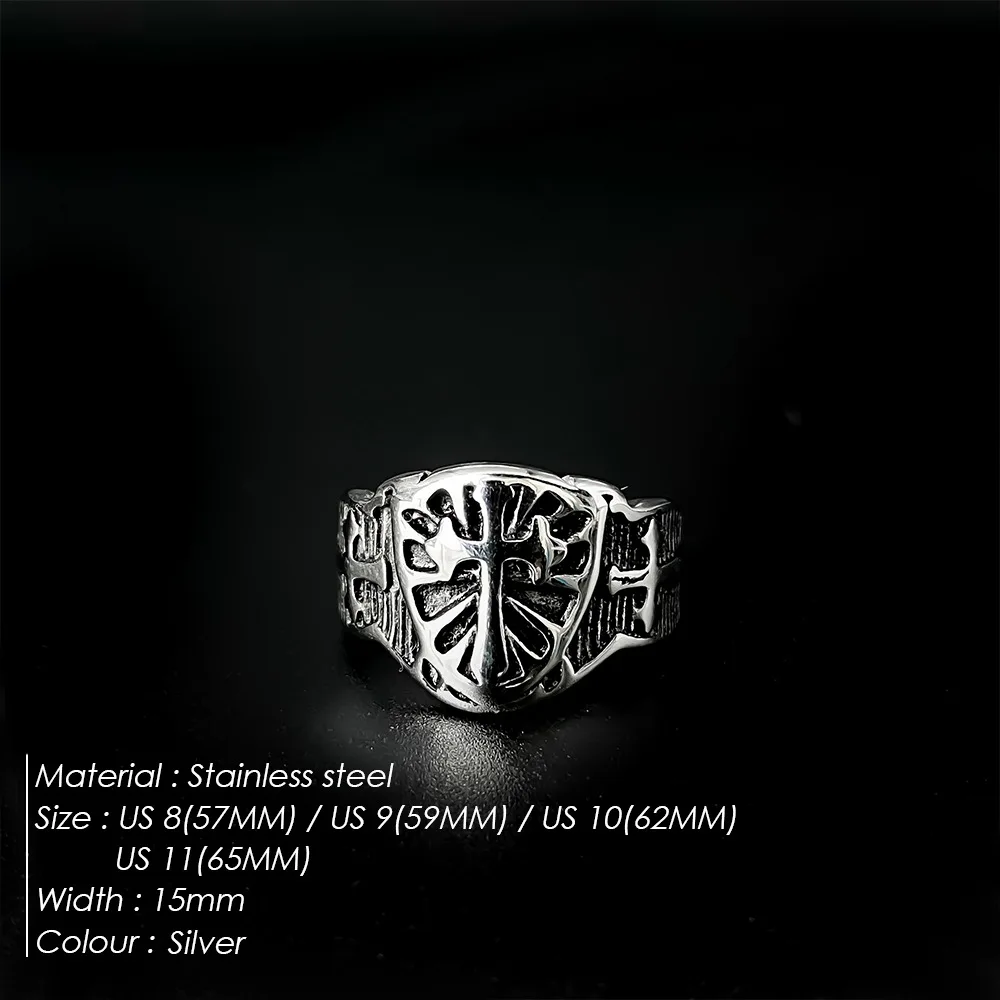 Knights Templar Shield Ring for Men — Distinctive Punk-Style Stainless Steel Wide-Band Ring — Jewelry, Prop, and Gift Item