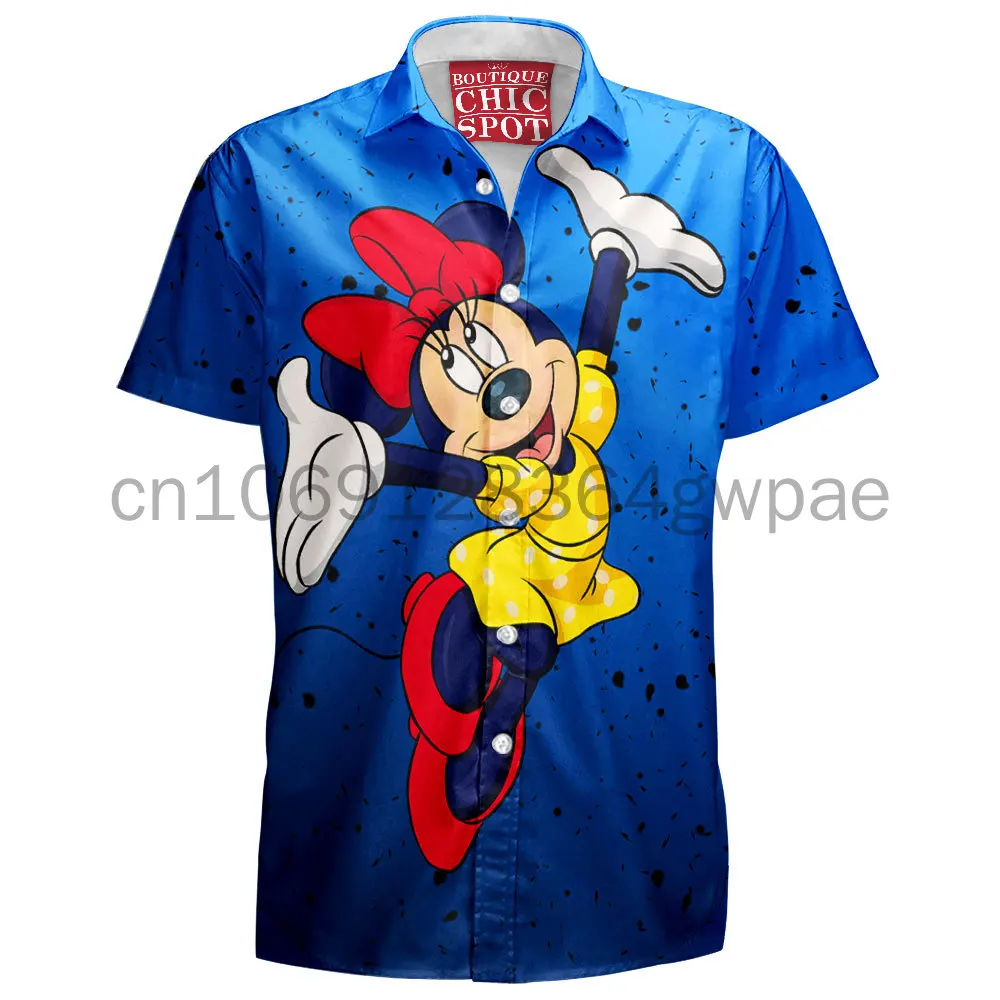 

Minnie Mouse Hawaiian Shirt Men's Women's Short Sleeve Button Down Shirt Disney Graffiti Lapel Shirt Casual Retro Beach Shirt