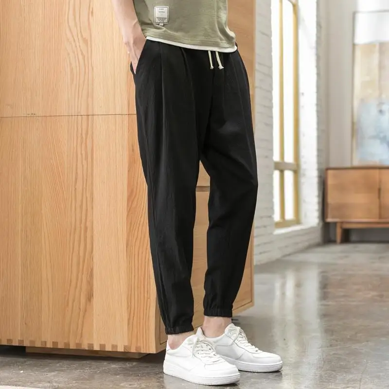 2023 Summer Fashion Trend Men's Casual Loose Fitting High Waisted Lace Up Pocket Solid Color Versatile Cotton Linen Men's Pants