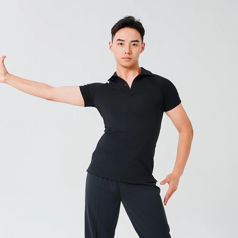 

2025 New Latin Dance Costume Mens V Neck Short Sleeves Tops Black White Breathable Training Shirtr Male Ballroom Clothes XH2700