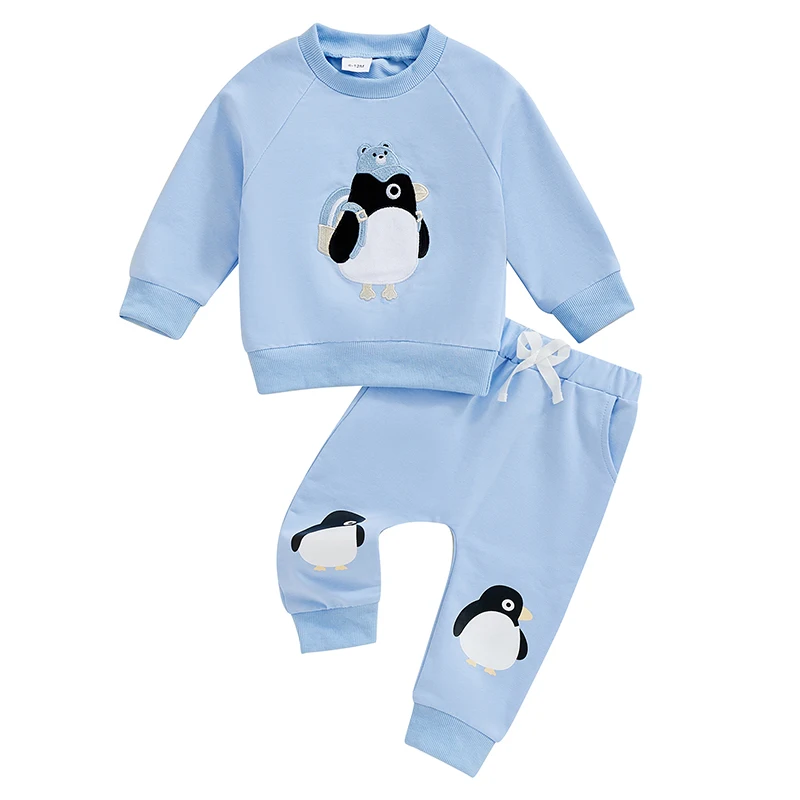 

Little Boy Fall Outfit Penguin Embroidery Long Sleeve Sweatshirt Elastic Waist Pants with 3D Bow